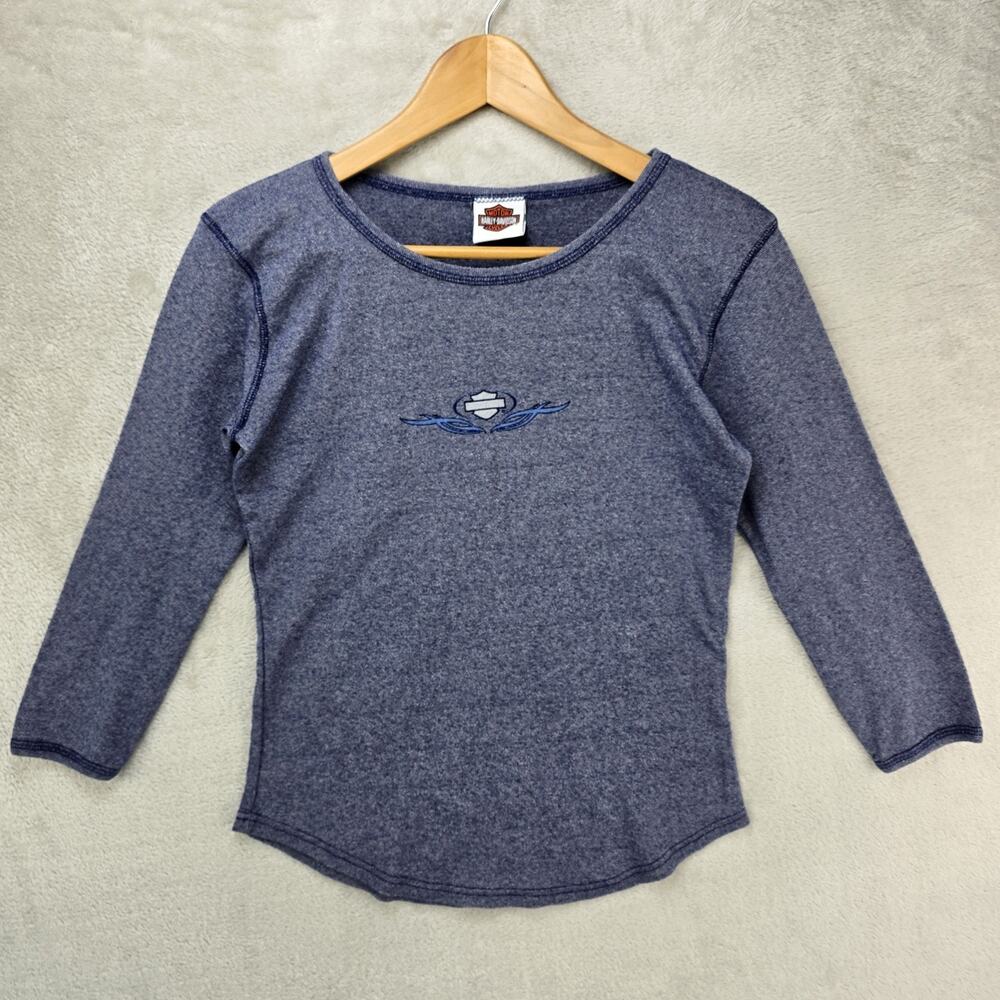 Vtg Harley-Davidson Shirt Womens XL Blue Scoop Neck 3/4 Sleeve Made USA Biker